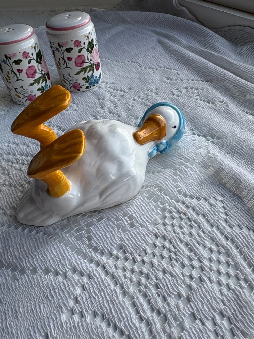 Ceramic Duck Figurine in White, Blue and Gold